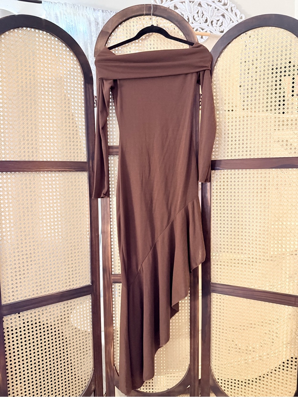 Brown Off-Shoulder Asymmetric Ruffle Maxi dress